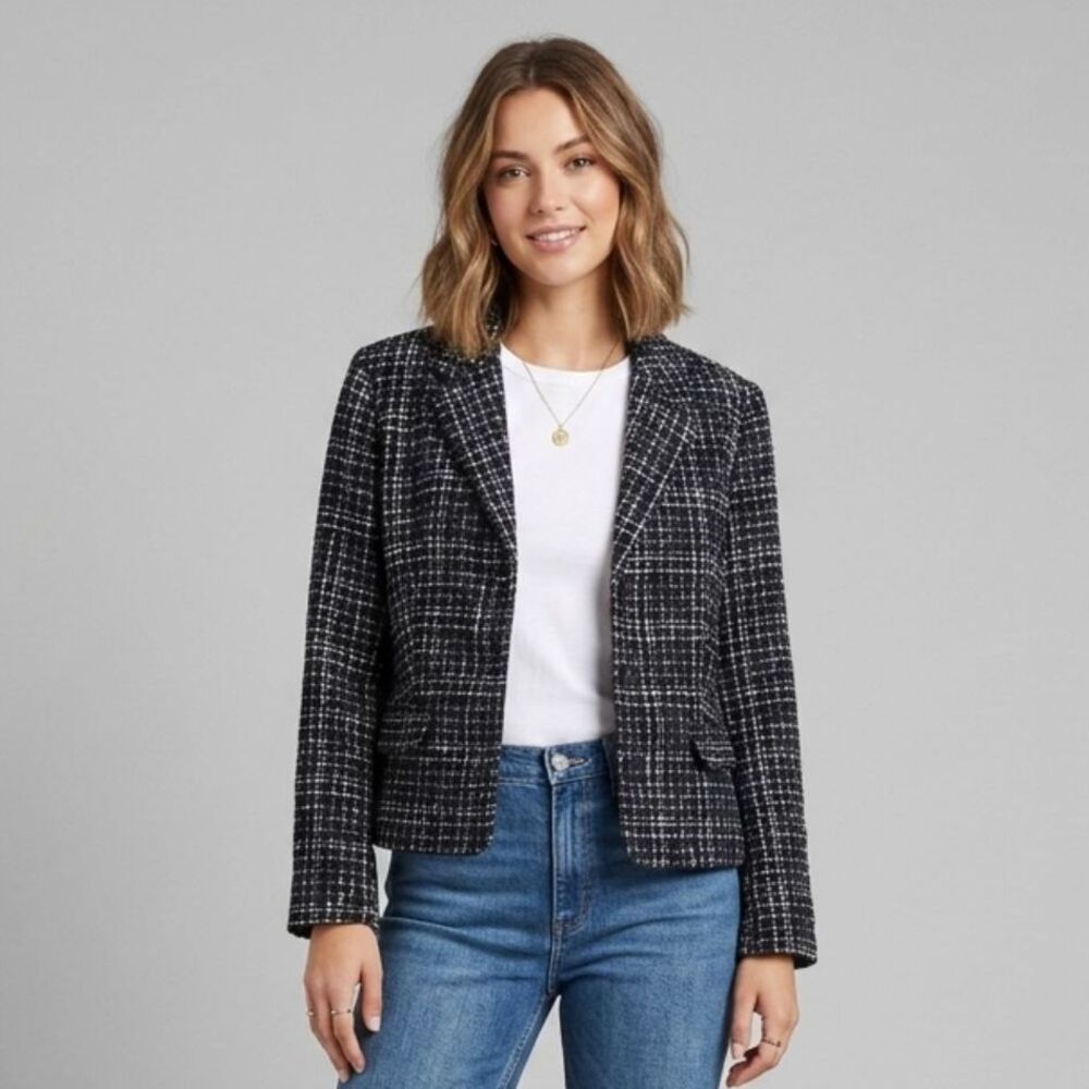Coldwater Creek Boucle Tweed Blazer Jacket 14 Petite Wool Short Black White